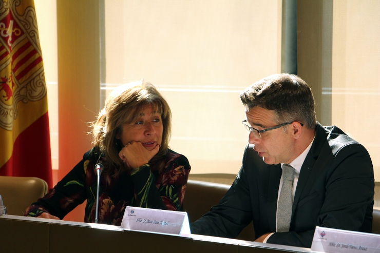 La cònsol major de la capital, Conxita Marsol, i el cònsol menor, Marc Pons, durant la reunió de cònsols a la Massana.