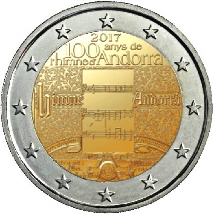 Moneda de dos euros corresponent a l'emissió 2017 que commemora el centenari de l'himne d'Andorra, de 1917.