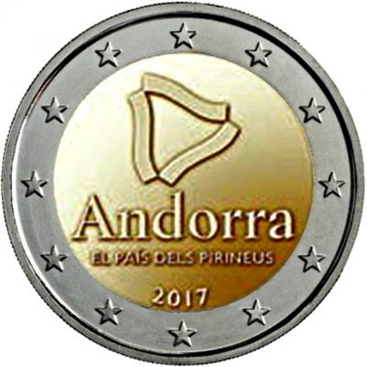 Moneda de dos euros amb el logotip de la marca Andorra i el lema 'Andorra, el país dels Pirineus', corresponent a l'emissió 2017.