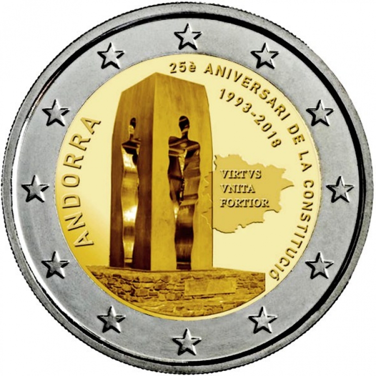 Moneda de dos euros commemorativa del 25è aniversari de la Constitució (1993-2008), amb l'escultura 'Monument als homes i a les dones d'Andorra', d'Emili Armengol, i el lema del país, 'Virtus Unita Fortior'.