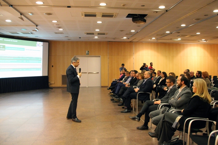 El ministre d'Economia, Competitivitat i Innovació, Gilbert Saboya,  durant la seva intervenció davant el Consell Andorrà per a la  Competitivitat del Comerç.