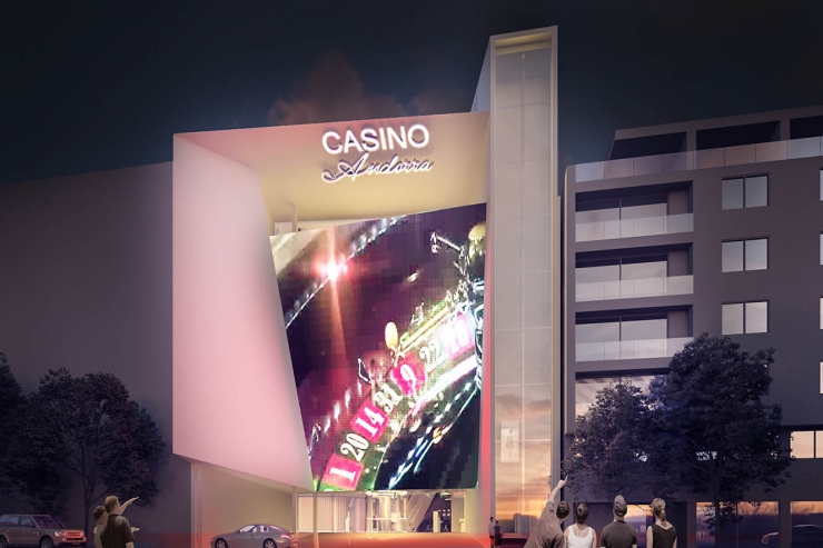 Fotomuntatge  de la façana de l'edifici que proposa Jocs SA, la guanyadora del  concurs, per acollir el casino al carrer Prat de la Creu d'Andorra la  Vella.