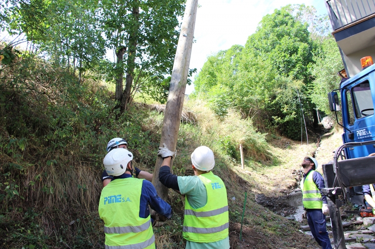 Operaris retirant la pilona de la línia aèria.