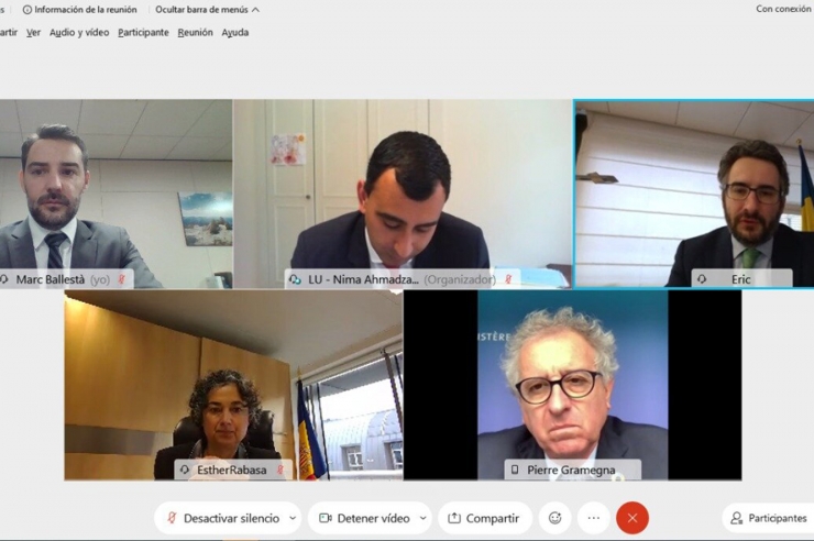 Un moment de la trobada telemàtica entre el ministre de Finances i portaveu, Eric Jover, amb el seu homòleg a Luxemburg, Pierre Gramegna.