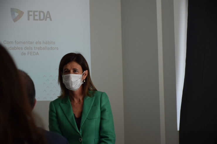 La ministra d'Educació i Ensenyament Superior, Ester Vilarrubla, durant la roda de premsa d'aquest matí per presentar la sisena edició del projecte Tàndem.