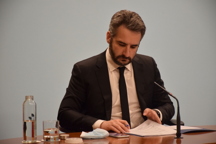 El ministre de Finances i portaveu, Eric Jover, durant la roda de premsa posterior al consell de ministres aquesta tarda.