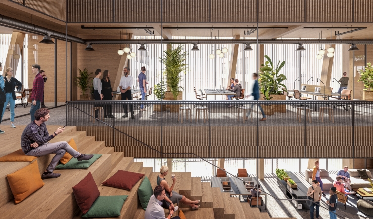 Imatge virtual de l'interior de l'edifici 'Node', la futura seu d'Andorra Telecom.