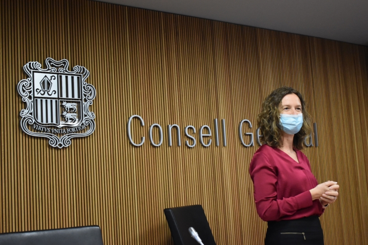 La ministra de Medi Ambient, Agricultura i Sostenibilitat, Sílvia Calvó, moments abans d'iniciar la compareixença al consell general.