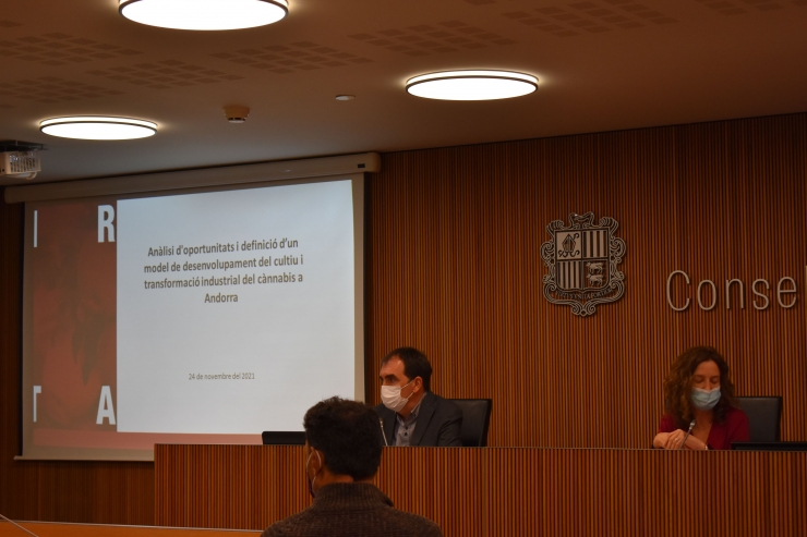 El director de Desenvolupament de la Recerca i la Innovació de l'Institut de Recerca i Tecnologia Agroalimentàries (IRTA), Simó Alegre, i la ministra de Medi Ambient, Agricultura i Sostenibilitat, Sílvia Calvó, durant la compareixença d'aquest dimecres al consell general.