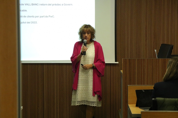 La presidenta del consell d'administració de l'AREB, Silvia Cunill, en una compareixença davant la comissió legislativa de Finances i Pressupost.
 