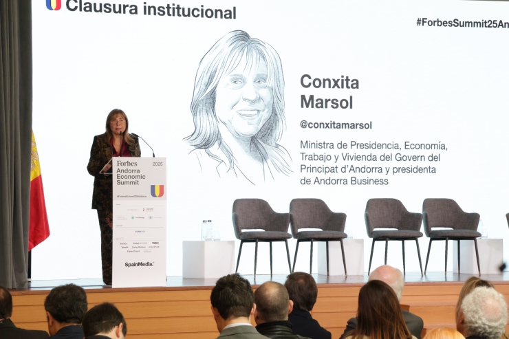 La ministra de Presidència, Economia, Treball i Habitatge, Conxita Marsol, durant el discurs de clausura del Forbes Andorra Economic Summit.