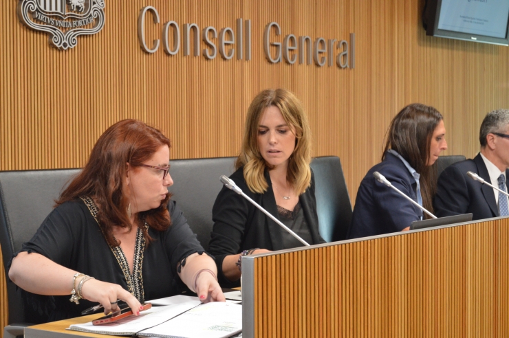 La secretària d’Estat d’Igualtat i Participació Ciutadana, Mariona  Cadena, acompanyada de la cap d'àrea de Polítiques d'Igualtat, Mireia Porras, moments abans de la compareixença al davant de la comissió  legislativa d’Afers Socials i Igualtat.