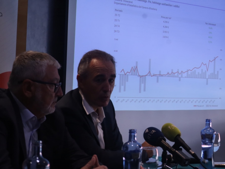 El president de l'AGIA, Gerard Casellas; i el director de càtedra en mercat immobiliari de la Universitat de Saragossa, Luis Alberto Fabra Garcés; durant la presentació de l'informe.