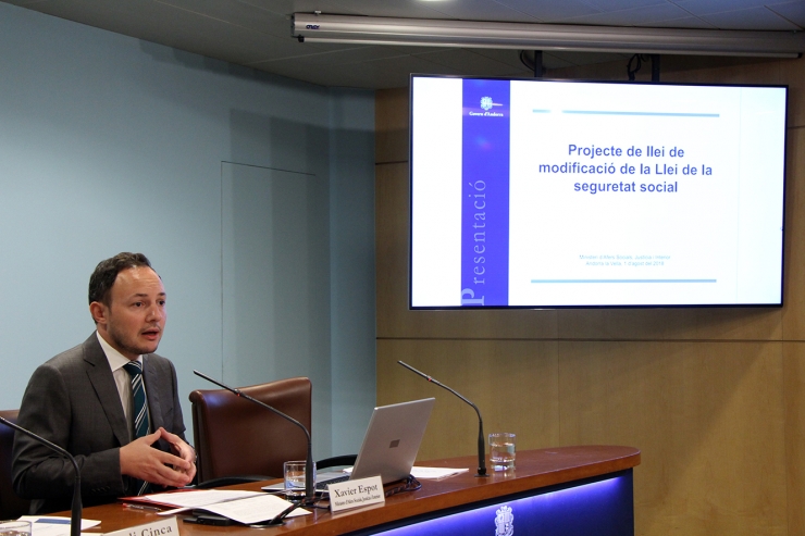 El ministre d'Afers Socials, Justícia i Interior, Xavier Espot, durant la roda de premsa posterior al consell de ministres.