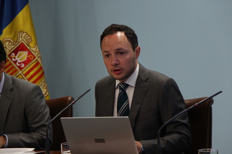 El ministre d'Afers Socials, Justícia i Interior, Xavier Espot, durant la roda de premsa posterior al consell de ministres.