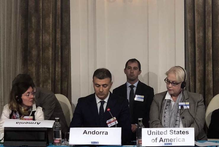 El director general del Ministeri de Medi Ambient, Agricultura i Sostenibilitat, Marc Rossell durant la seva intervenció a la conferència de l'OSCE.