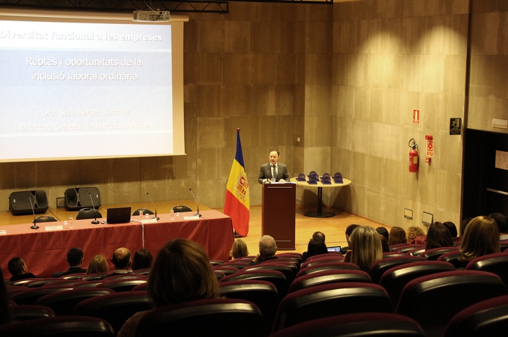 El ministre d'Afers Socials, Justícia i Interior, Xavier Espot, durant la inauguració de la 1a Jornada d'inclusió laboral.