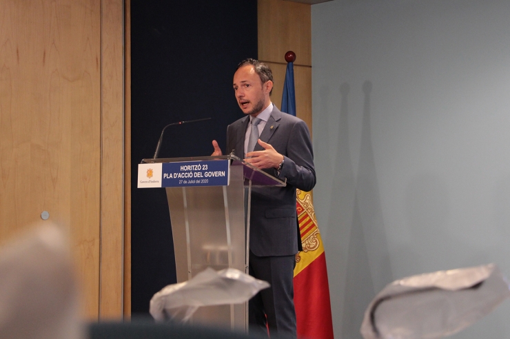 El cap de Govern, Xaver Espot, durant la roda de premsa en què ha presentat el full de ruta per a la legislatura.