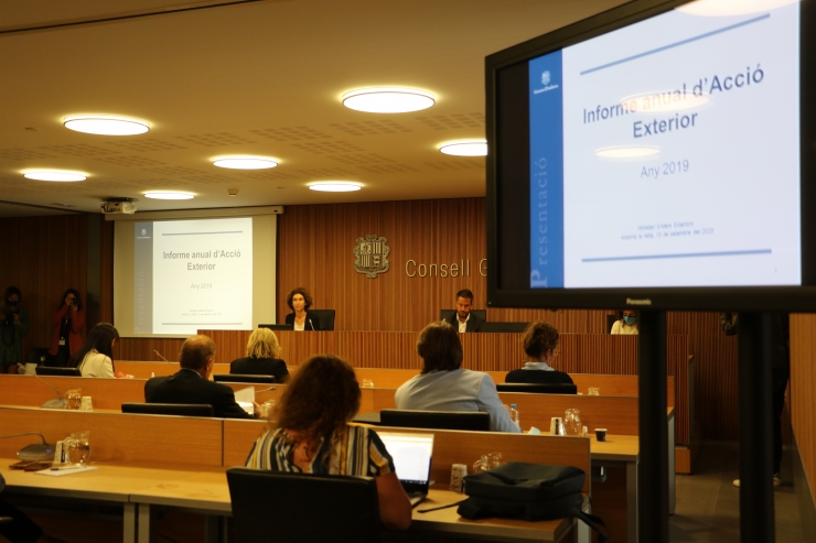 La sala de compareixences del Consell General, durant la presentació de l'informe anual d'acció exterior 2019.