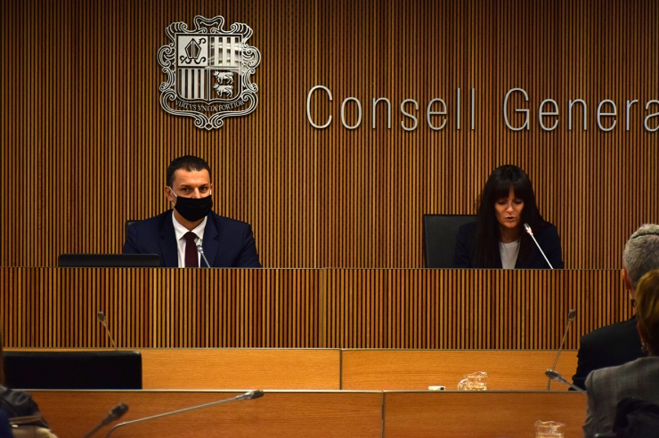 El ministre de Presidència, Economia i Empresa, Jordi Gallardo,  durant la seva compareixença davant la comissió legislativa d'Economia.