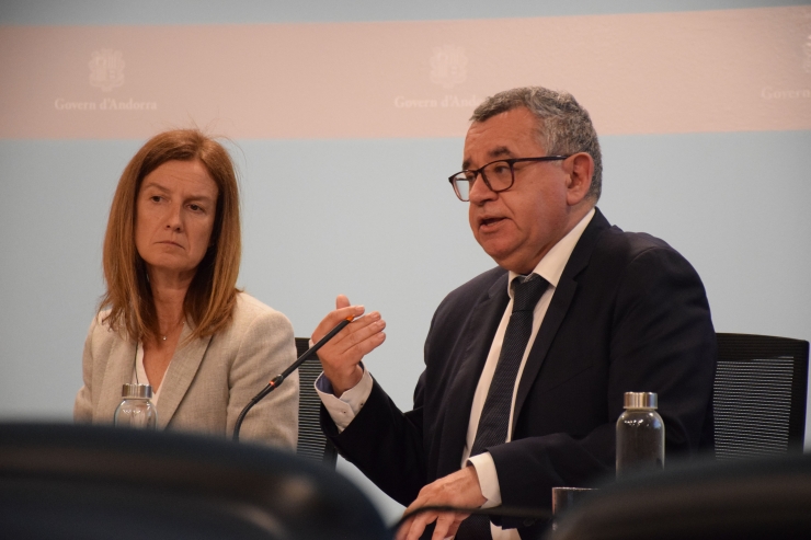 La ministra de Medi Ambient, Agricultura i Sostenibilitat, Sílvia Calvó, i el director general de FEDA, Albert Moles, durant la roda de premsa per explicar l'increment de les tarifes elèctriques.