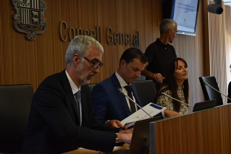 El ministre de Presidència, Economia i Empresa, Jordi Gallardo, i el secertari d'Estat d'Economia, Èric Bartolomé,  moments abans de la compareixença davant la comissió legislativa d'Economia.