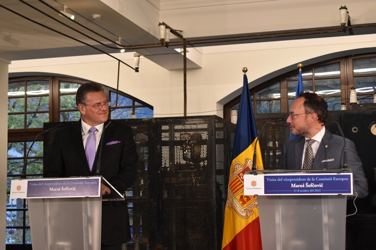 Un moment de la roda de premsa conjunta que han ofert el vicepresident de la Comissió Europea, Maroš Šefčovič, i el cap de Govern, Xavier Espot.