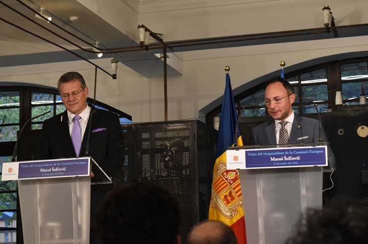 Un moment de la roda de premsa conjunta que han ofert el vicepresident  de la Comissió Europea, Maroš Šefčovič, i el cap de Govern, Xavier  Espot.