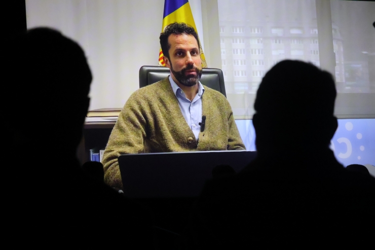 El gerent de la Confederació Empresarial Andorrana, Iago Andreu, en moment de la conferència 'El català al món dels negocis'.