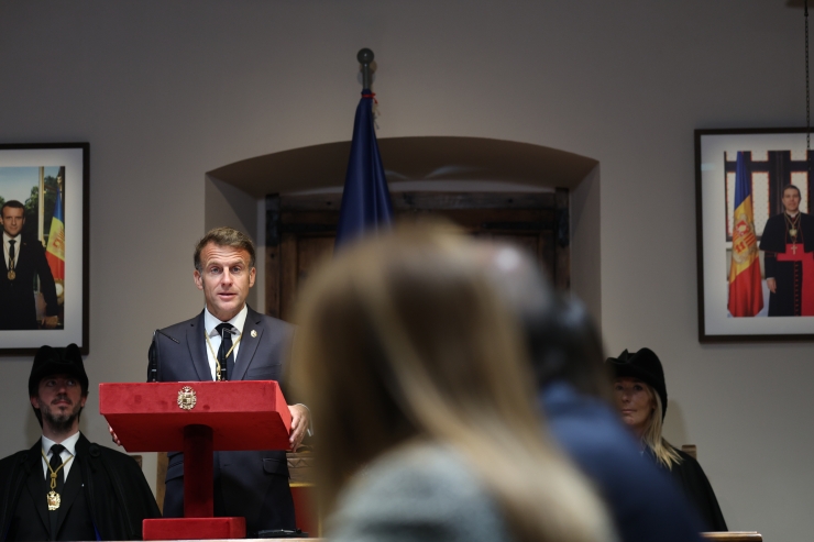 El copríncep francès, Emmanuel Macron durant el seu discurs a Casa de la Vall.