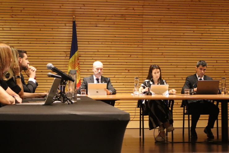 La cònsol major d'Encamp, Laura Mas, i el conseller de Cultura, Infància i Joventut, Joan Sans, durant la sessió.