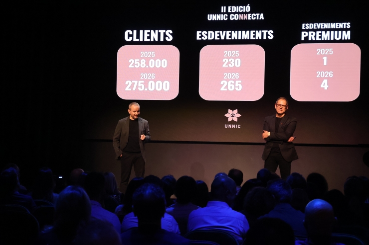 El director comercial d'Unnic, Toni Alonso, el director de màrqueting, Pedro Morán, durant la presentació.
